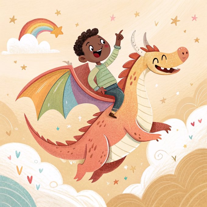 A boy flying on a friendly rainbow dragon