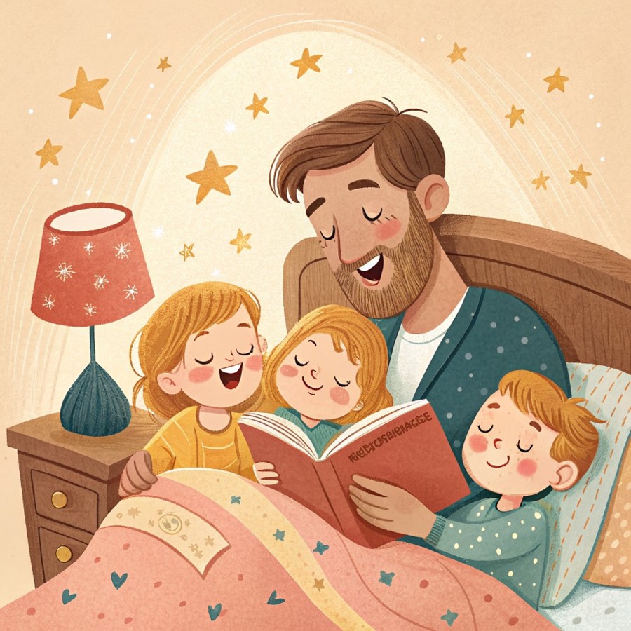 A dad tucking his kids in at bedtime