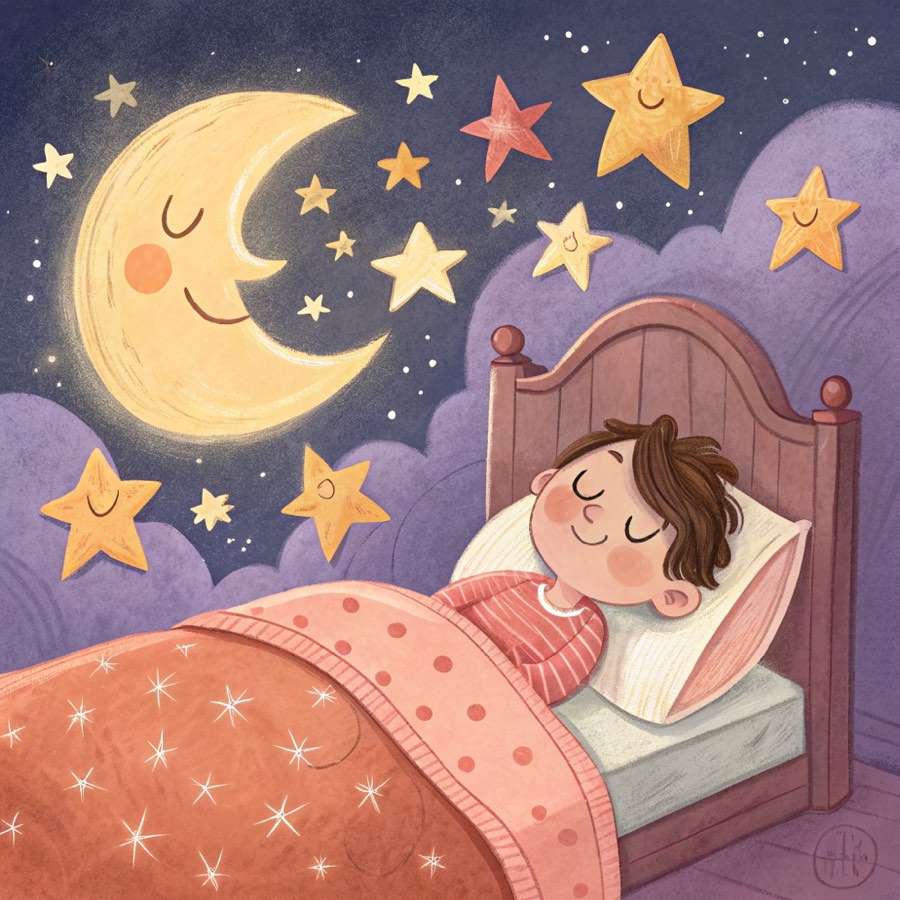 A sleepy child drifting off under a calm, starry night sky