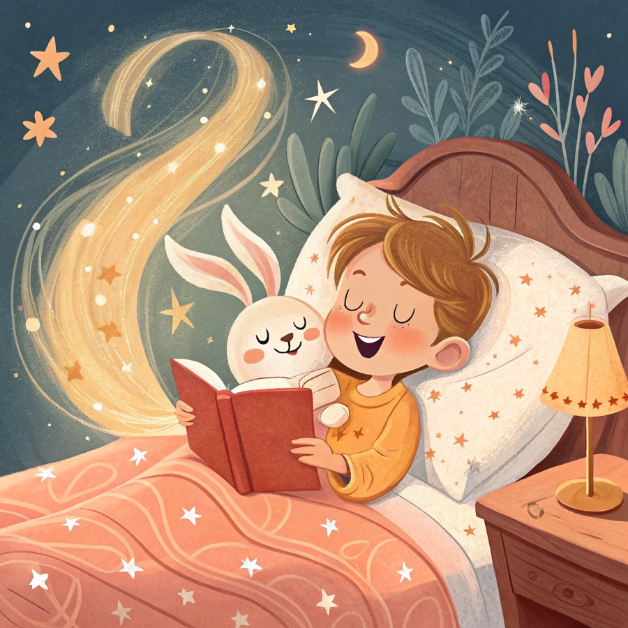 A child snuggled in bed, smiling as they listen to a story in a parent's voice