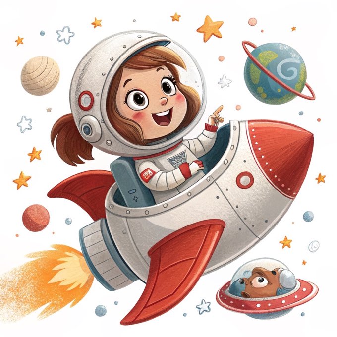 A girl exploring space in her rocket ship